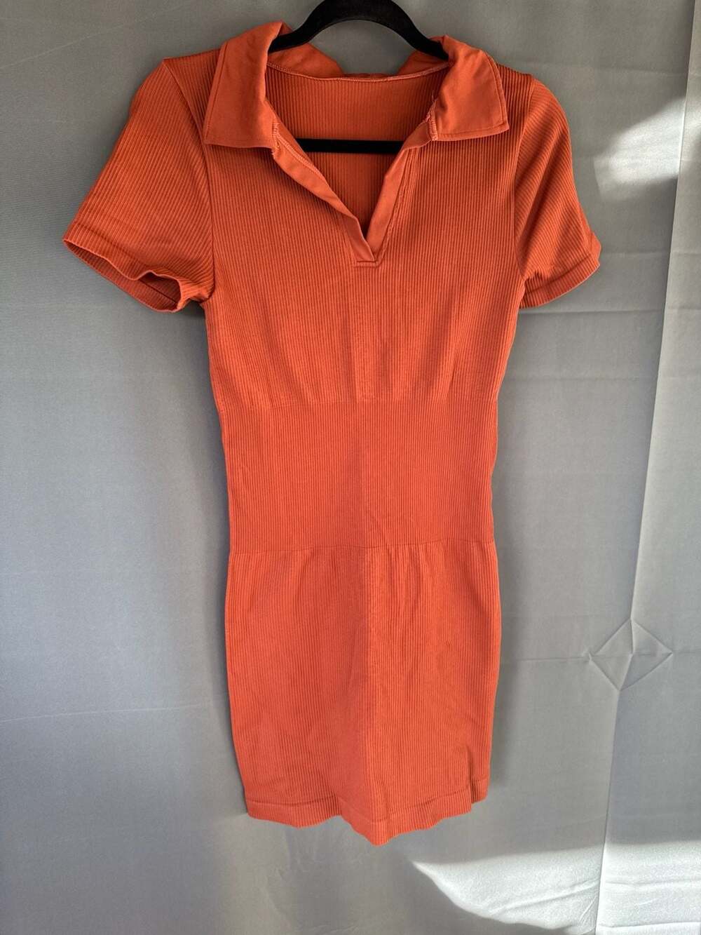 OQQ Ribbed Short Sleeve Polo Mini Dress Burnt Orange Size L
